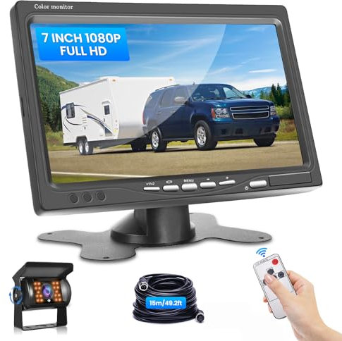 Podofo Cavo telecamera retromarcia Auto con TFT LCD monitor 7 pollici,Kit parcheggio ausiliario IP68 Visione notturna per SUV Camion Furgone Camper Auto con cavo da 15 m/Presa accendisigari DC 12-24V