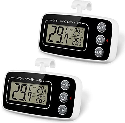 Vicloon Termometro da Frigorifero, 2Pcs Termometro Congelatore Digitale Impermeabile con Display Lcd, Con Batteria Sostituibile(Magnetico) per Frigo Registrazione Max/Min(Bianca/Nero)