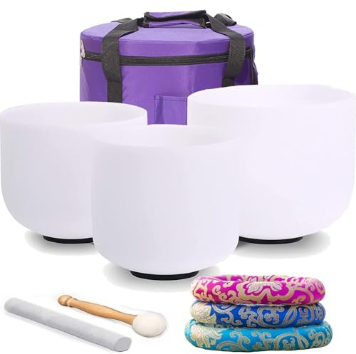 440Hz/432hz Chakra Juego de 3 uds Cuencos de canto de cristal blanco de cuarzo de Chakra esmerilado con estuche de transporte gratuito y cojín de brocado de seda (Color : 432 hz, Size : 6''B 7''G 10