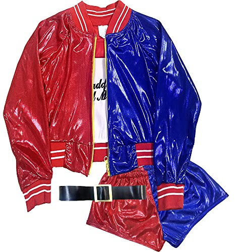 Disfraz de Harley Quinn Niña Mujer de Princesa Arlequina, Chaqueta con Camiseta Cinturón y Pantalones Cortos Brillos para Disfraces Halloween Carnaval (10-12 años)