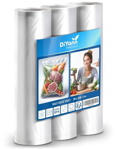 Diyann Rouleaux Sacs Sous Vide Alimentaires Diyann (28x500cm Lot de 3) - Compatible Machines Sous Vide, Cuisson Sous Vide & Micro-Ondes - Sans BPA, Réutilisables et Écologiques