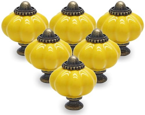 Cjueiom 12 Pack Ceramic Drawer Knobs, Gold Yellow Vintage Cupboard Knobs with Mounting Screws, Antique Wardrobe Pull Handles for Kitchen Cabinet and Dresser