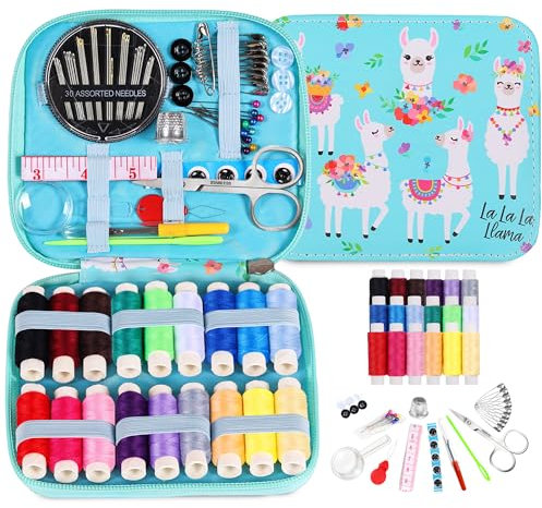 AUERVO Nähsets für Erwachsene, tragbares Nähset, Garn und Nadeln, Set mit PU-Leder-Llama-Etui für Hand, Zuhause, Reisen und Notfall, kompakt, klein, Basis-Nähsets
