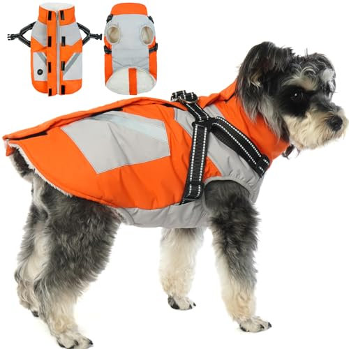 Hundemantel L, Hundemantel Wasserdicht mit Geschirr Winterjacke Reflektierende Hund Jacke Warm Weste Hundekleidung Winddichte Mantel Fleece Hunde Rollkragenpullover mit Geschirr(Orange, L)