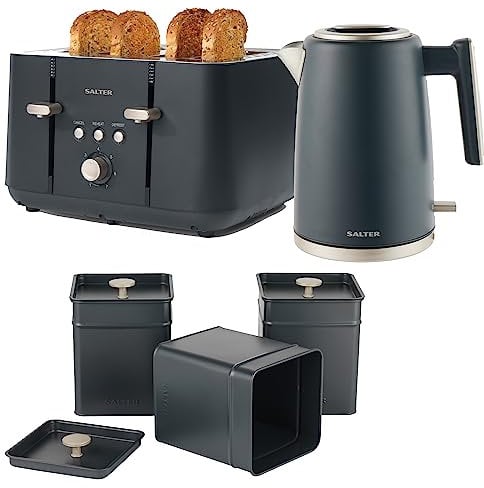 Salter COMBO-8684 Marino Kettle and Toaster Set – With Storage Canisters, Tea/Coffee/Sugar Tins, 1.7L Fast Boil Kettle, Limescale Filter, 4-Slice Toaster, Self-Centring Guides, 3kW/1850W, Blue Grey