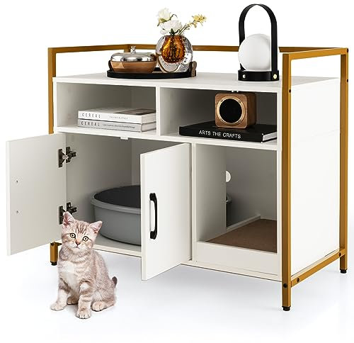 GOPLUS Maison de Toilette pour Chat, Armoire pour Chat Cadre en Acier avec Compartiments et Griffoir pour Chat, Meuble pour Chat Chaton, 89 x 45 x 74,5 CM, Blanc