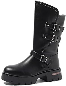 QUEEN HELENA Stivali Biker con Fibbia Stivaletti con Borchie Donna X29-89 (Nero, 36)