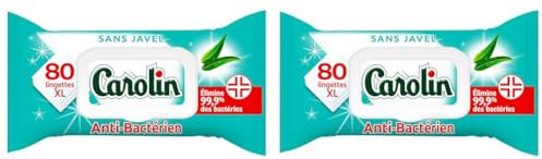 Carolin Lingettes Anti-Bactériennes à l'Huile Essentielle d'Eucalyptus, Sans Javel x80 (Lot de 2)