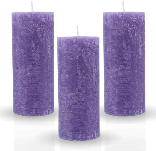 Bestgoodies Rustikale Stumpenkerze 3er-Pack Lila vers. Farben/Größen - Lange Brenndauer Antik Kerze, Duftfreie Altarkerze - Dekokerze, Adventskerze