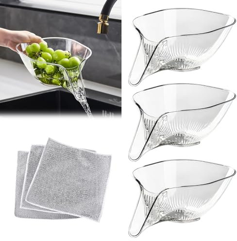 Cesta de Drenaje Multifuncional,3 Piezas Cesta de drenaje para fregadero de cocina,Embudo de Cesta de Drenaje,con 3 Piezas Trapos multiusos alambre para lavar platos,para Lavar y Mezclar Frutas
