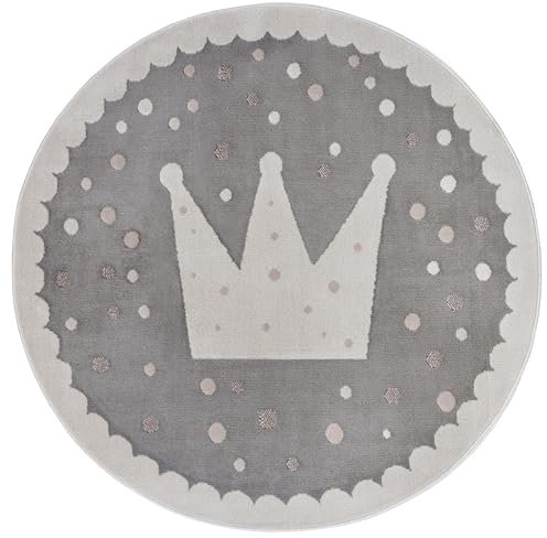 Hanse Home Adventures Kinderteppich Rund - Krone Muster Teppich Junge Mädchen für Kinderzimmer, Spielzimmer, Jugendzimmer, Wohnzimme - Grau Creme, 100cm