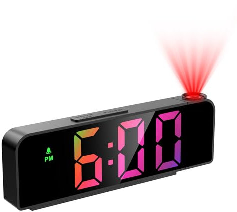OQIMAX Sveglia con Proiettore, Sveglia Digitale Proiezione Soffitto, Sveglia da Comodino con Proiettore a 180°, Orologio LED da 7,9, 4 Luminosità Regolabili, Snooze, Modalità Notturna, Temperatura