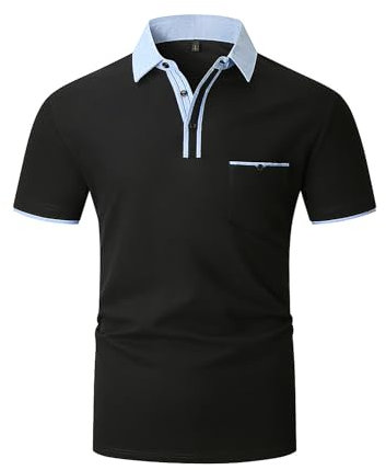 KUNJLELP Herren Poloshirt Kurzarm,100% Baumwolle,Sommer Slim Fit Sports Golf Polohemd Blau Patchwork Kragen T-Shirt M-3XL,Schwarz,M
