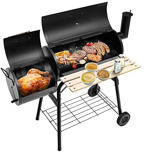KOMFOTTEU Barbecue a carbone con termometro e ruote, griglia per barbecue in acciaio con camino, barbecue affumicante per esterni, con tavolo laterale e ripiano inferiore, 115 x 65 x 108 cm