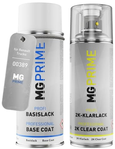MG PRIME Autolack 2K Spraydosen Set für Renault Trucks RVI 00389 Blanc Basislack 2 Komponenten Klarlack Sprühdose