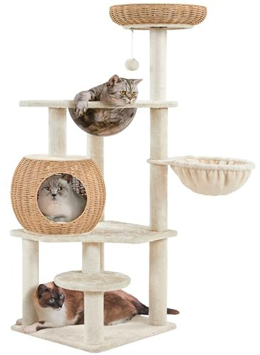 Yaheetech Arbre à Chat en Rotin Tour pour Chat en Peluche avec Cachette Ronde Perchoir Paniers Griffoir en Sisal Jouet Design Moderne 137,5 cm de Haut Beige
