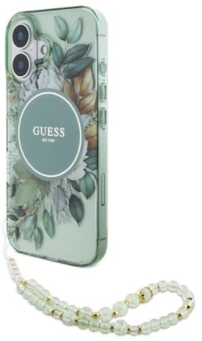 CG Mobile Guess GUHMP16SHFWBRCESN Coque pour iPhone 16 6,1 Vert Coque Rigide Fleurs IML avec Sangle Perle