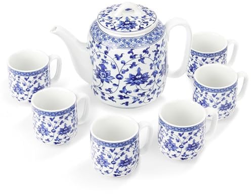 fanquare Blue and White Tea Set Floral Porcelain Teapot with Infuser Chinese Tea Pot Sets for Adults Gifts, One Teapot with 6 Cups