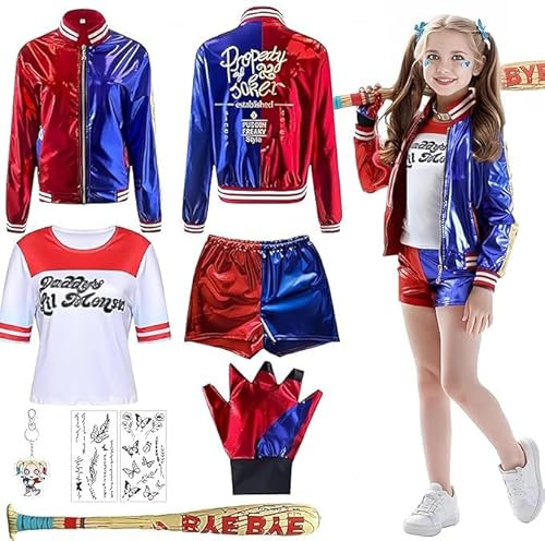 Harley Quinn Kostüm Kinder,Harley Quinn Kostüm Damen,Mädchen Bösewicht Kit enthalten Jacke T-Shirt,Shorts und Handschuh Ballon Stick,Strümpfe Bundlefor Karneval Cosplay