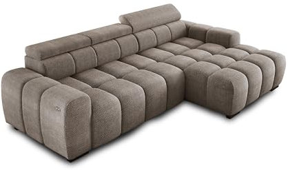 Ecksofa OMBO 285x168x77/97 cm, Rechte Seite Mit Schlaffunktion, Elektrisch Ausziehbarer Sitzfläche, Verstellbaren Kopfstützen, Dunklen Buchenholzfüßen, Hydrophobem EDEN-Bezugstoff - Cappucino