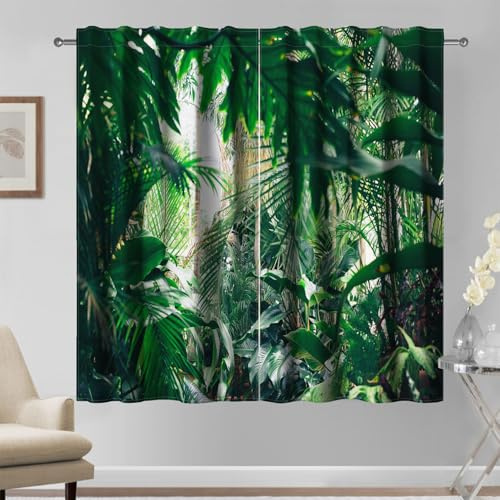 Kzzfqxb 117x138cm Curtains 2 Panels, Refreshing Lush Bush Jungle Green Plants Palm Trees Banana Leaves in Sunlight Rod Pocket Window Drapes, Fresh Vigor Decor for Bedroom Living Room