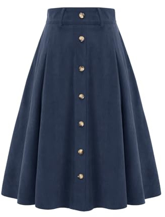Rock Damen Winter midilang Cordrock A-Linie Vintage Rock Tellerrock Basic Casual Hohe Taille Winterrock Freizeitrock mit Taschen Navy L