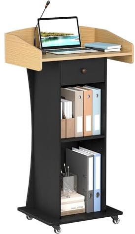 SOCOMFAY Mobiles Rednerpult mit Rädern | Stehpult, Schubladen, Verstellbare Ablagen, Holz-Podium, Für Schulen, Kirchen und Büro