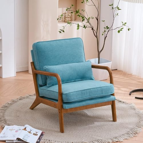 Bonnlo Accent Chair, Solid Wood Padding Lounge Armchairs, Linen, Blue | Occasional Reading Chair with Cushions and Lumbar Pillow, Comfy Armchairs for Living Room, Bedroom, Guest Room, Office