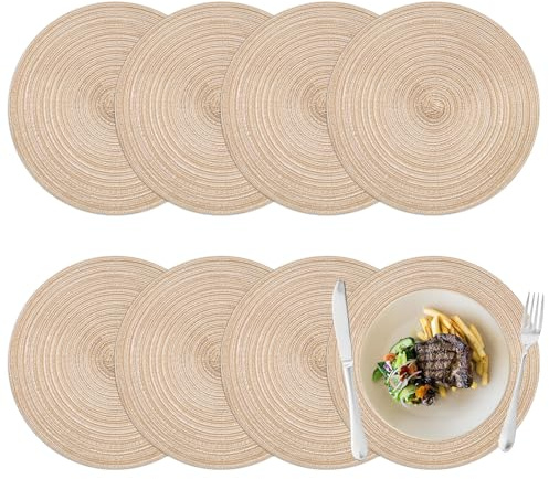 8 Stück Runde Platzsets Abwaschbar, 30 cm Geflochtene Tischsets Beige