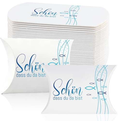 50 kleine Geschenkboxen „Schön, dass du da bist“ – Kraftpapier-Geschenkverpackungen (210 g/m²) für Taufe, Kommunion, Hochzeit & kleine Aufmerksamkeiten – 9x6x2,5 cm (Blau)