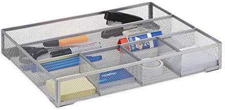 Relaxdays Schreibtischorganizer groß, rutschfeste Ablagebox mit 6 Fächern, Metall Mesh, HxBxT: 6 x 38 x 30 cm, silber
