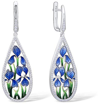 Namana Blaue Blumen-Ohrringe für Damen. 925 Sterling Silber lange Ohrringe für Frauen mit Emaille und Zirkonia Edelsteinen. Blaue Ohrhänger mit Geschenkbox