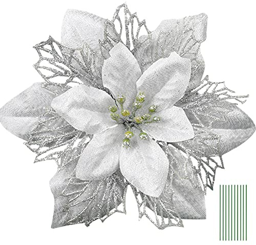 Yueshop 10PCS Artificial Glitter Christmas Flowers - Three Layer Floral Accessories for Tree Ornaments, Xmas Garland Wreath DIY Decorations (Silver)