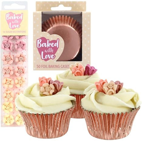 BAKED WITH LOVE Rose Gold Cupcake Decorating Kit, 50 Foil Cases and 16 Flower Sugar Baking Decorations, Create Cupcakes for Mother's Day, Birthdays, Baby Showers, Anniversaries