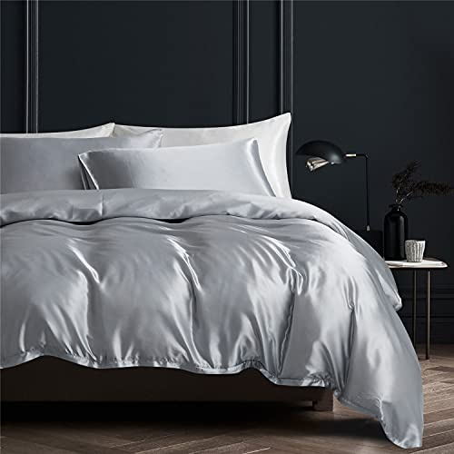 Gezu - Set copripiumino (240 x 260 cm), colore grigio chiaro liscio, setoso brillante, morbido set di biancheria da letto per 2 persone con 2 federe da 65 x 65 cm con cerniera