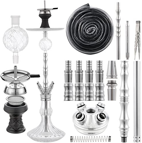 LUNA BIGIMA Shisha Set Komplett 18/8er Schliff Anschlüsse Closed Chamber System | Zubehör inkl. Schlauch - Mundstück - Zange - Steinkopf - Kaminaufsatz - Molassefänger - Knickschutz (Silber)