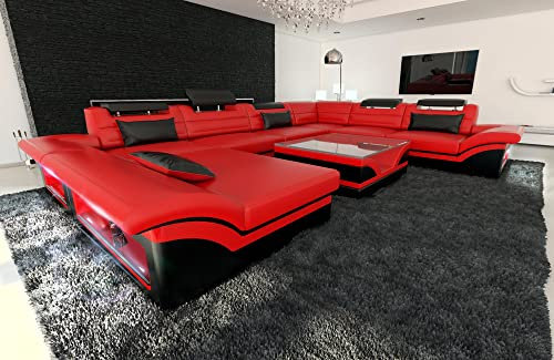 Wohnlandschaft Enzo XXL Sofa U Form Leder - mit LED Beleuchtung, verstellbare Kopfstützen, Recamiere/Lederfarben wählbar/Ausrichtung Ottomane wählbar (Ottomane Links, Rot-Schwarz)