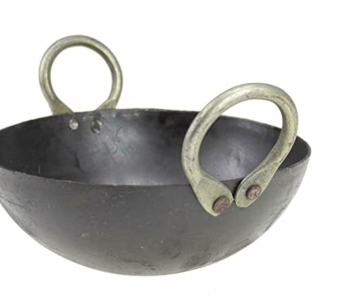Reldor Natural Iron Karahi Kadai Kadhai Iron Wok Balti Dish with Handles Heavy Duty Round Base (14 INCH)