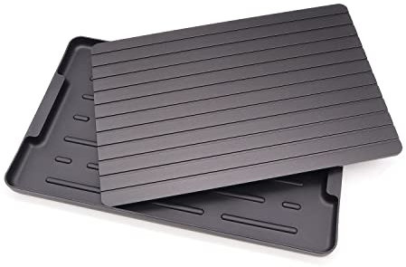 Defrosting Tray, Fast Thawing of Frozen Food, Rapid Meat Thaw Plate with Drip Tray, Aluminium Metal Defrost Mat, No Microwave or Electricity Power Required, Black