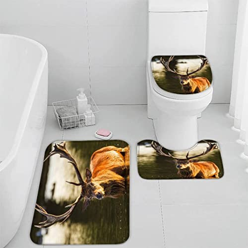 Badematten Set 3 teilig 50x80 Hirsch Wald 3D Badezimmerteppich Set WC Vorleger Set rutschfeste Badematte Maschinenwaschbar Badteppich Set für Badezimmer badvorleger Tiere Natur