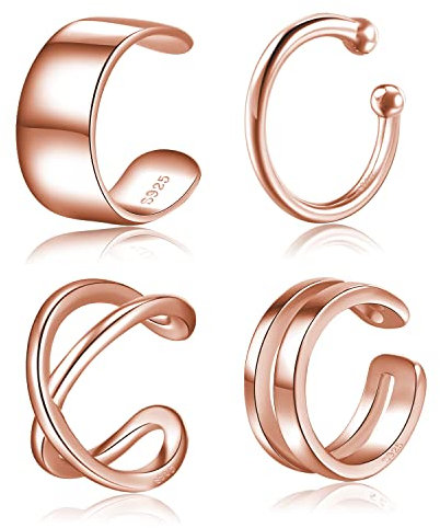 Ear Cuffs Rose Gold Plated 925 Sterling Silver Fake Ear Cuffs Non Piercing Ear Conch Clip on Cartilage Earrings for Women Men 4 Various Styles