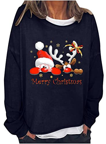Weihnachtspullover+Damen Pullover Damen Elegant Lang Rundhals Langarm Sweatshirt Frauen Schwarz Langarm Winter Weihnachts Pulli Tops Lustig Christmas Sweat Oberteile Mädchen