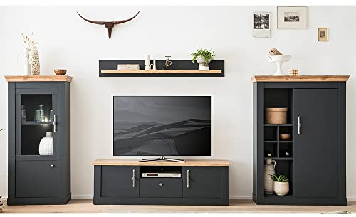 Lomadox Wohnzimmermöbel Set Wohnwand, mit Vitrine, Lowboard, Wandregal und Highboard inkl. Beleuchtung anthrazit Eiche, B/H/T ca. 377/170/45 cm