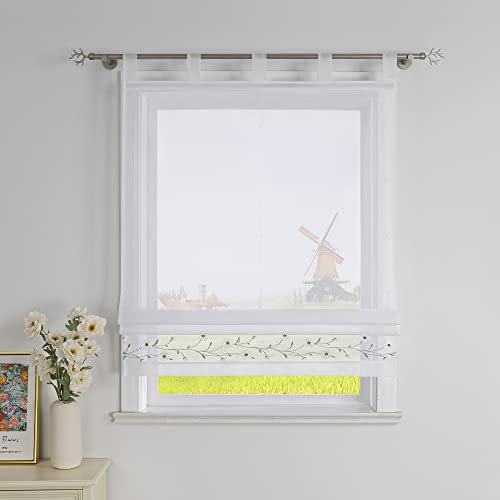 CORLIF Raffrollo mit Schlaufen Modern Raffgardine Küche Schlaufenrollo Leinenoptik mit Blumen Stickerei Transparente Rollo Landhaus Kurz Fenster Schal B/H 120/150 cm Weiß