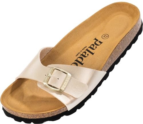 Palado Pantoletten Damen Malta Metallic – gefertigt in Spanien – weiche Veloursleder-Decksohle – robuste EVA-Sohle – edles Metallic-Design Gold/Schwarz UK8 - EU41