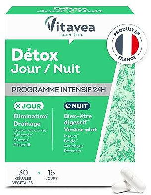 VITAVEA BIEN-ETRE - Complément alimentaire Détox 24h Jour & Nuit - Elimination Digestion Drainage - Sureau Chlorella Curcuma Bouleau Queue de cerise Artichaut - 30 comprimés - Fabriqué en France