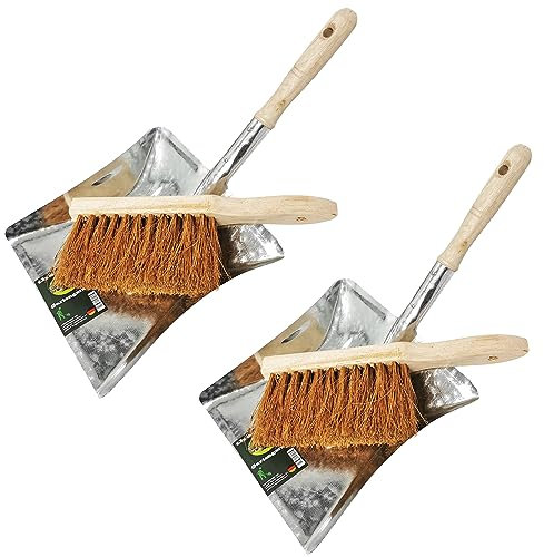 Metall Kehrblech und Handfeger Kokus im SET Kehrschaufel Hand Besen Feger Holz Griff Kehr Schaufel Kehrset Kehrgarnitur (2x Silber)