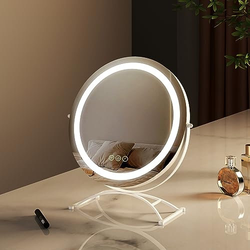 EMKE LED Hollywood Schminkspiegel mit Beleuchtung - Runden Hollywood Spiegel mit Dimmbar, 360° drehbar, Speicherfunktion, 3 Lichtfarben, Beleuchteter Kosmetikspiegel - Weiß, Φ40cm