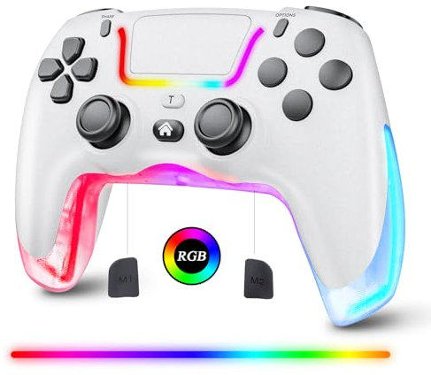 Yeerain Mando para P4, Inalámbrico Controlador Barra de Luz Doble Vibración 6 Axis Gyro Turbo Conector para Auriculares, Gamepad Joystick Controller Compatible con P4/Pro/Slim(Blanco)