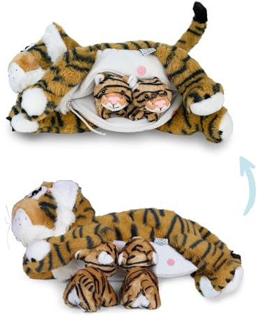 Mamanimals Tiger Kuscheltier mit 2 Baby Tiger, Babys im Bauch mit Reißverschluss verstaubar, magnetische Zitzen zum Säugen, hochwertiges Plüschtier Set für Kinder
